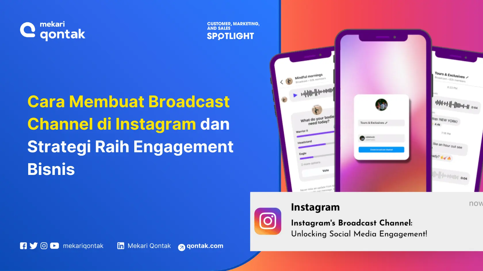 Panduan menciptakan saluran siaran di Instagram membantu bisnis meningkatkan keterlibatan. Latar belakang berwarna cerah mendukung isi.