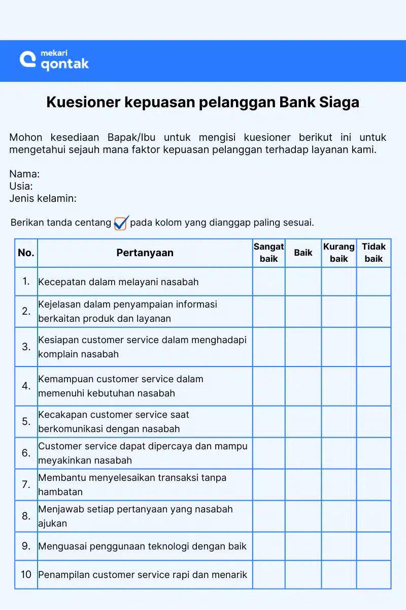 Contoh Kuesioner Kepuasan Pelanggan Bank Siaga