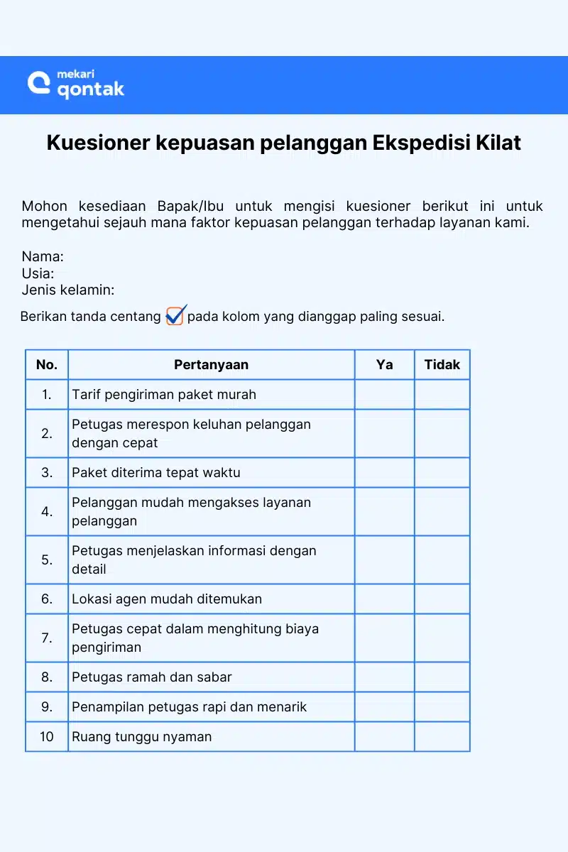 Contoh Kuesioner Kepuasan Pelanggan Perusahaan Penyedia Jasa Ekspedisi
