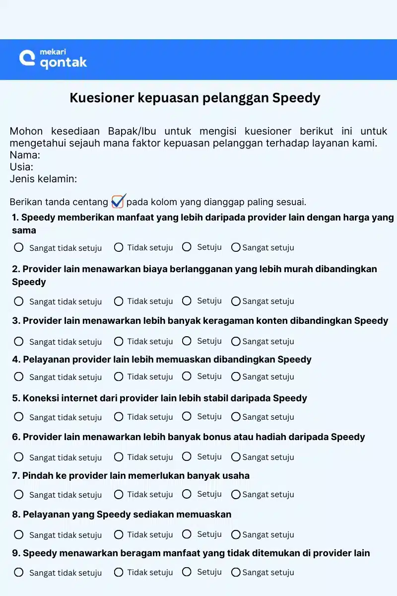 Contoh Kuesioner Kepuasan Pelanggan layanan internet Speedy