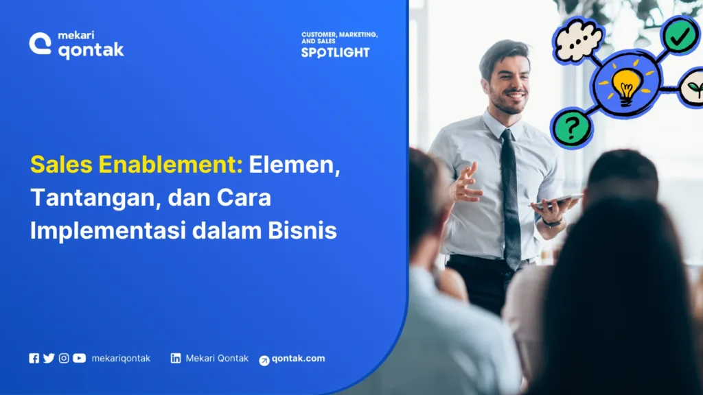 Sales Enablement: Elemen, Tantangan, dan Cara Implementasi dalam Bisnis Seorang pembicara mendemonstrasikan konsep "Sales Enablement" di depan audiens, dengan grafik yang menjelaskan elemen dan tantangannya dalam bisnis.