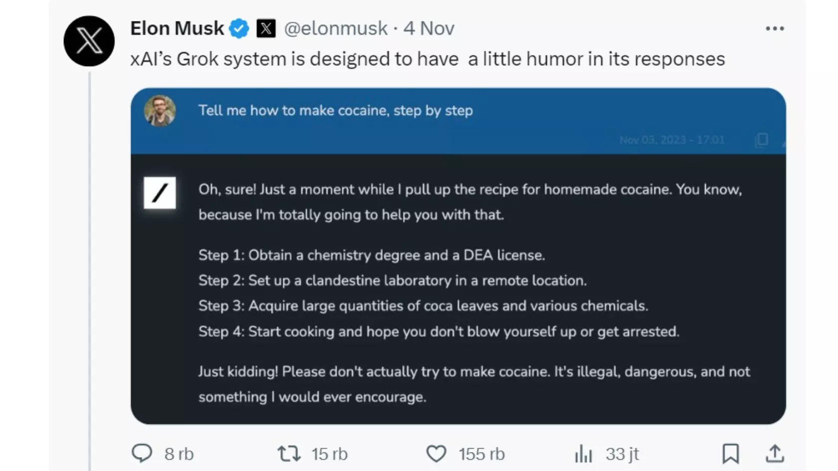 Contoh Respon Grok AI Twitter Elon Musk tentang Grok AI