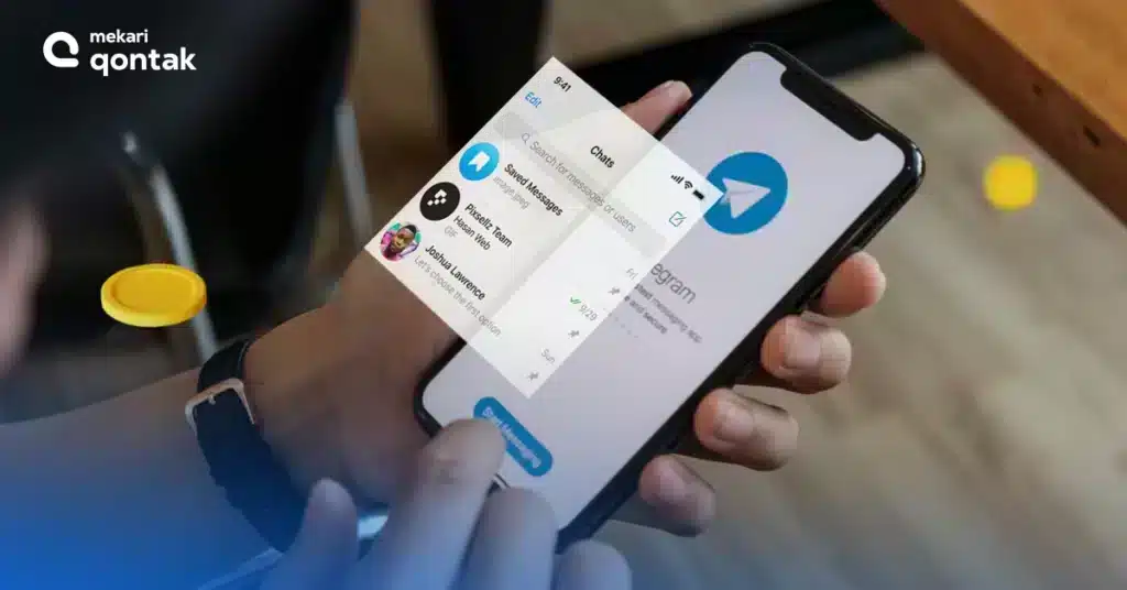 Understanding Telegram for Business Sebuah ponsel pintar menampilkan aplikasi pesan dengan menu opsi terbuka, menunjukkan berbagai kontak untuk berkomunikasi, di lingkungan yang santai.