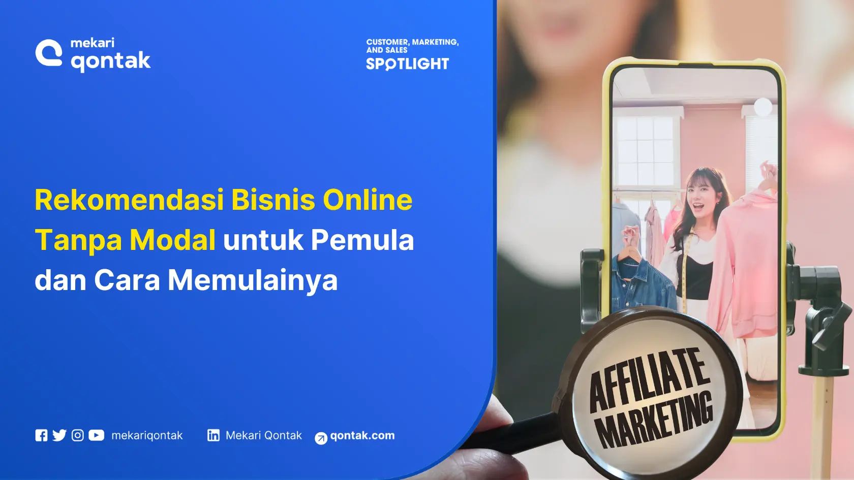 Rekomendasi bisnis online untuk pemula menunjukkan seorang wanita berinteraksi dengan smartphone di latar belakang fashion, menciptakan konteks afiliasi marketing.