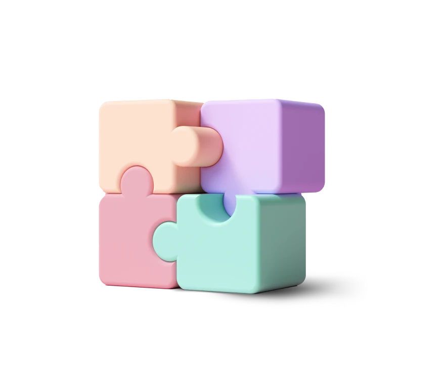 Empat potongan puzzle berwarna pastel tersusun rapi, saling bertautan dengan sempurna, menciptakan bentuk yang harmonis di atas latar belakang hitam.