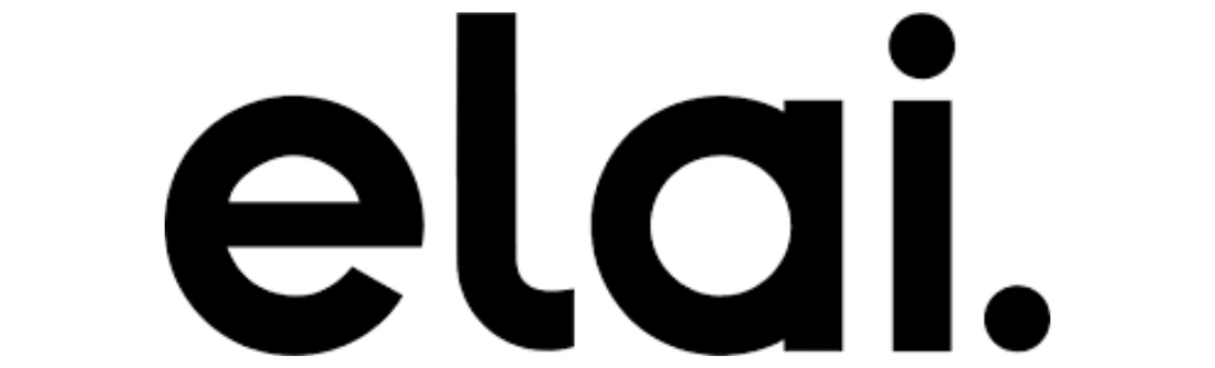 Logo "elai" tersusun dari huruf bold, menampilkan desain modern yang mencolok di latar belakang sederhana. Ini mencerminkan identitas merek yang dinamis.