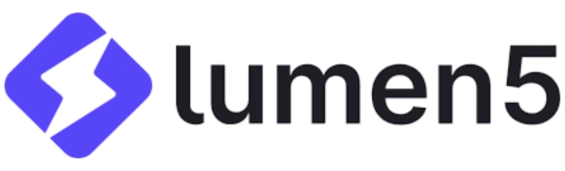 Logo Lumen5 menampilkan elemen grafis berwarna ungu dan teks hitam, mencerminkan platform pembuatan video yang inovatif untuk konten digital.