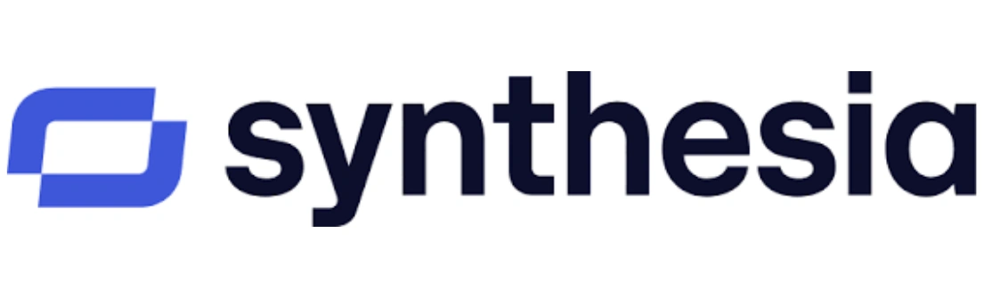 Logo berwarna biru dan hitam menampilkan kata "synthesia", yang digunakan dalam konteks teknologi, pendidikan, dan inovasi digital.