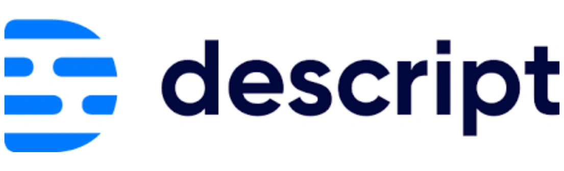 Logo biru dengan tulisan "descript" berwarna gelap, mencerminkan identitas efek media digital yang modern dan inovatif. Logo ini terpasang di latar belakang putih.