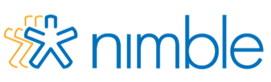 Logo "Nimble" dengan desain grafis yang dinamis menonjolkan karakter yang aktif, menggambarkan inovasi dalam teknologi atau layanan.