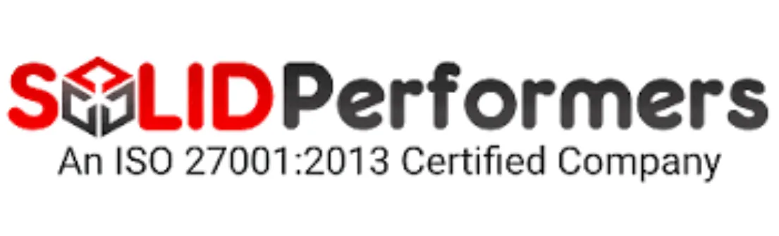 Logo perusahaan SOLIDPerformers menonjol dengan desain yang mencolok, menunjukkan identitas dan sertifikasi ISO 27001:2013 untuk kredibilitas di sektor bisnis.