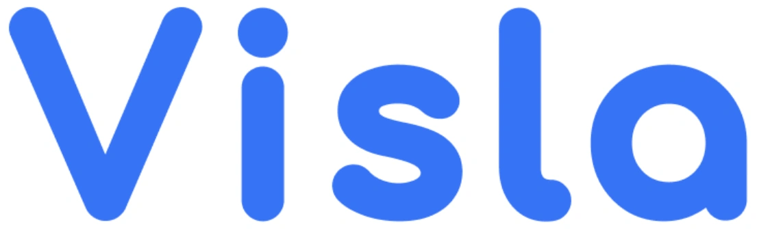 Tulisan "Visla" berwarna biru menonjol, menciptakan identitas visual yang menarik. Teks ini digunakan untuk branding, berfungsi sebagai simbol perusahaan.