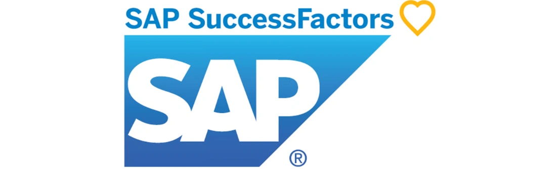 Logo SAP SuccessFactors menampilkan nama perusahaan yang diwakili dengan warna biru dan putih, dikelilingi oleh segitiga dan simbol hati, menunjukan fokus pada manajemen sumber daya manusia.