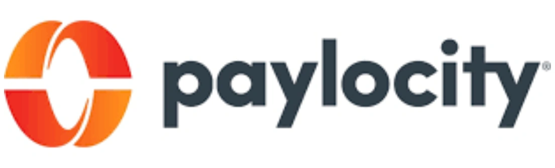 Logo Paylocity menampilkan elemen grafis berbentuk oval berwarna oranye dan merah, dengan teks "paylocity" di sebelah kanan, menggambarkan identitas merek perusahaan dalam bidang teknologi sumber daya manusia.
