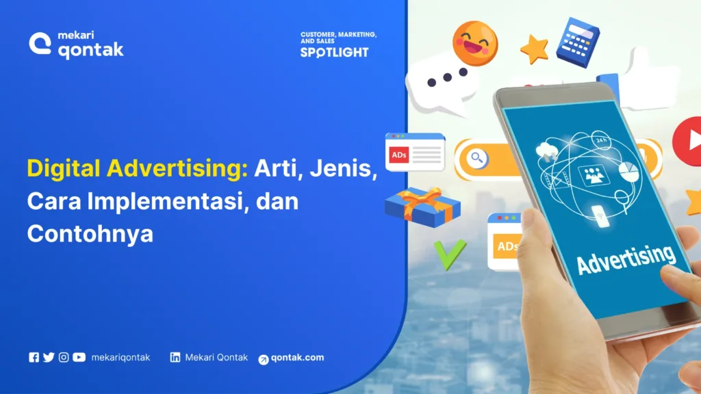 Digital Advertising: Arti, Jenis, Cara Implementasi, dan Contohnya Sebuah ponsel menunjukkan informasi tentang periklanan digital, dikelilingi ikon dan simbol yang merepresentasikan berbagai aspek pemasaran di dunia digital.