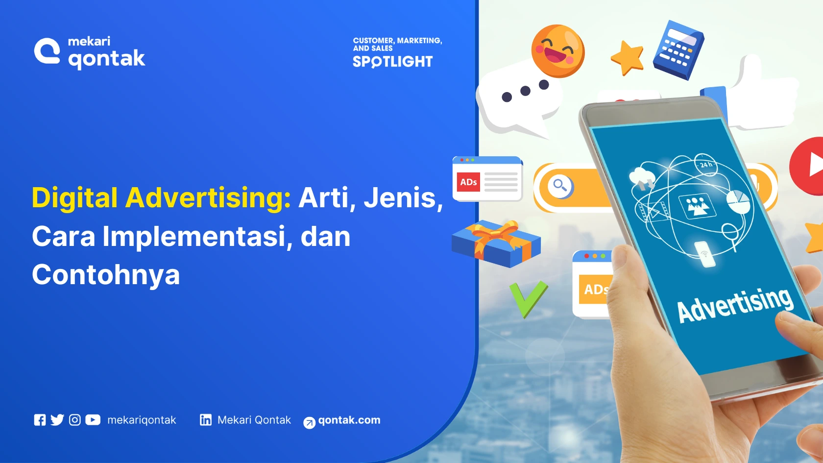 Sebuah ponsel menunjukkan informasi tentang periklanan digital, dikelilingi ikon dan simbol yang merepresentasikan berbagai aspek pemasaran di dunia digital.