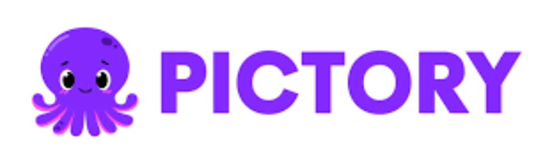 Laba-laba laut ungu tersenyum, menggenggam huruf "Pictory" yang berwarna ungu cerah, menyoroti platform kreatif untuk konten visual.