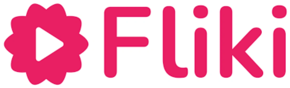 Logo berwarna pink menonjol dengan teks "Fliki" dan simbol segitiga yang menandakan fungsi pemutaran, menunjukkan konteks aplikasi multimedia.