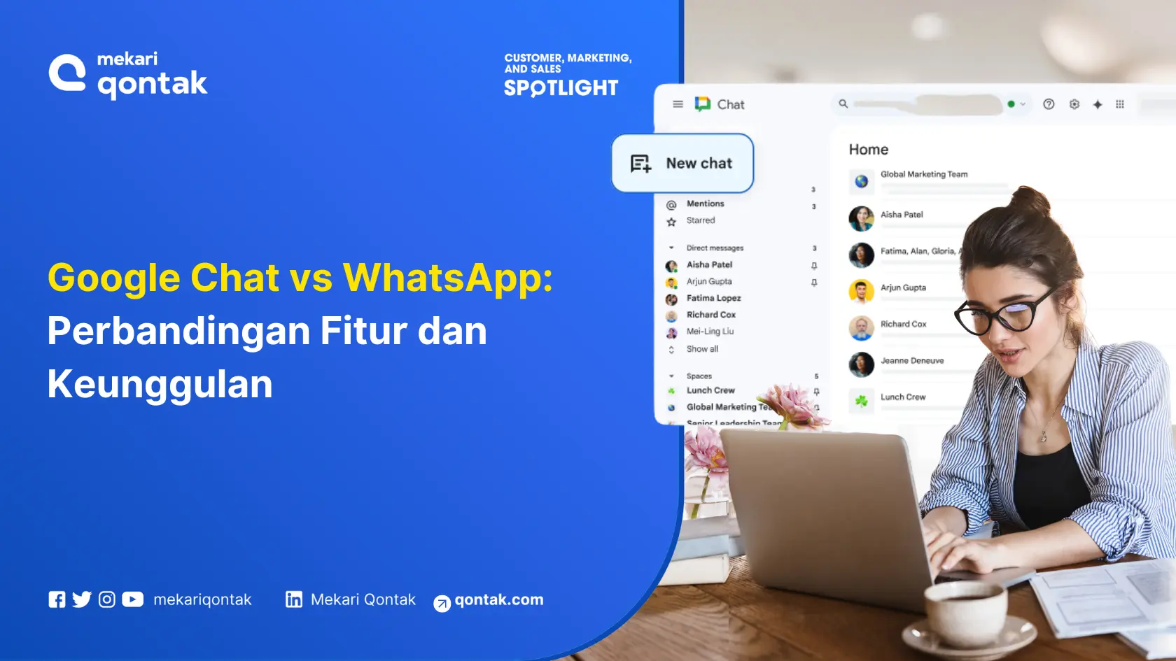 Perbandingan fitur antara Google Chat dan WhatsApp ditampilkan, menyoroti keunggulan masing-masing dalam konteks komunikasi digital.
