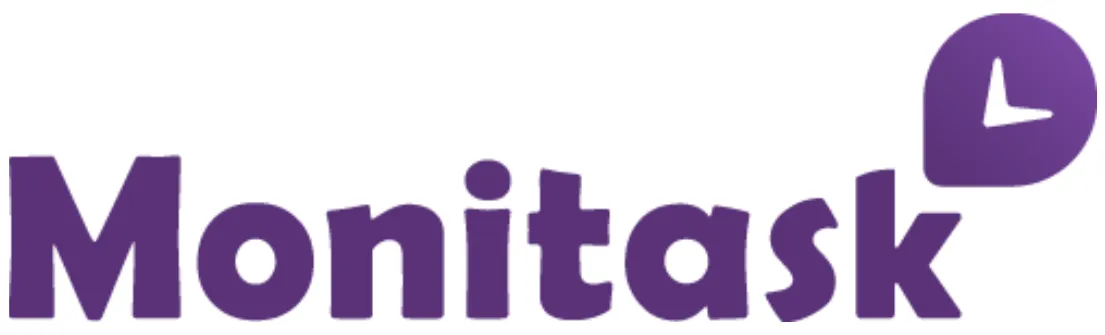 Logo berwarna ungu dengan tulisan "Monitask" terletak di latar belakang yang bersih, menggambarkan identitas visual untuk aplikasi manajemen tugas.