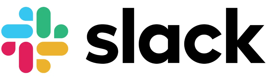 Logo Slack menampilkan elemen grafis berwarna cerah yang bersatu dengan tulisan "slack" dalam huruf tebal, menyiratkan semangat kolaborasi dalam lingkungan digital.