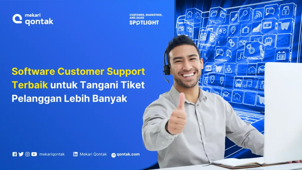 Software Customer Support Terbaik Untuk Tangani Tiket Pelanggan Lebih Banyak Layar biru menjadi latar belakang seorang pria yang memberikan thumbs up, menunjukkan dukungan untuk perangkat lunak customer support.