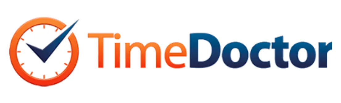 Logo TimeDoctor menampilkan jam dengan tanda centang, melambangkan alat untuk manajemen waktu dan produktivitas dalam lingkungan kerja digital.