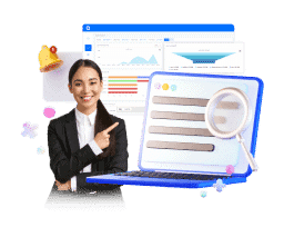 Seorang wanita profesional tersenyum dan menunjuk ke layar laptop yang menampilkan grafik dan data analitik, menunjukkan lingkungan kerja yang modern.
