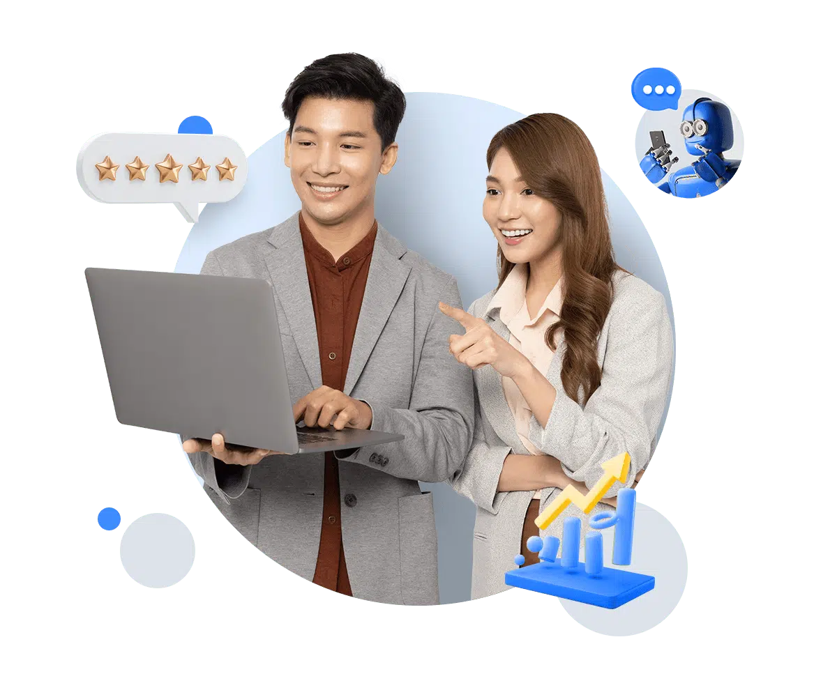 Dua individu dengan laptop sedang berdiskusi, dengan grafik pertumbuhan dan ikon komunikasi digital sebagai konteks untuk presentasi ide atau analisis.