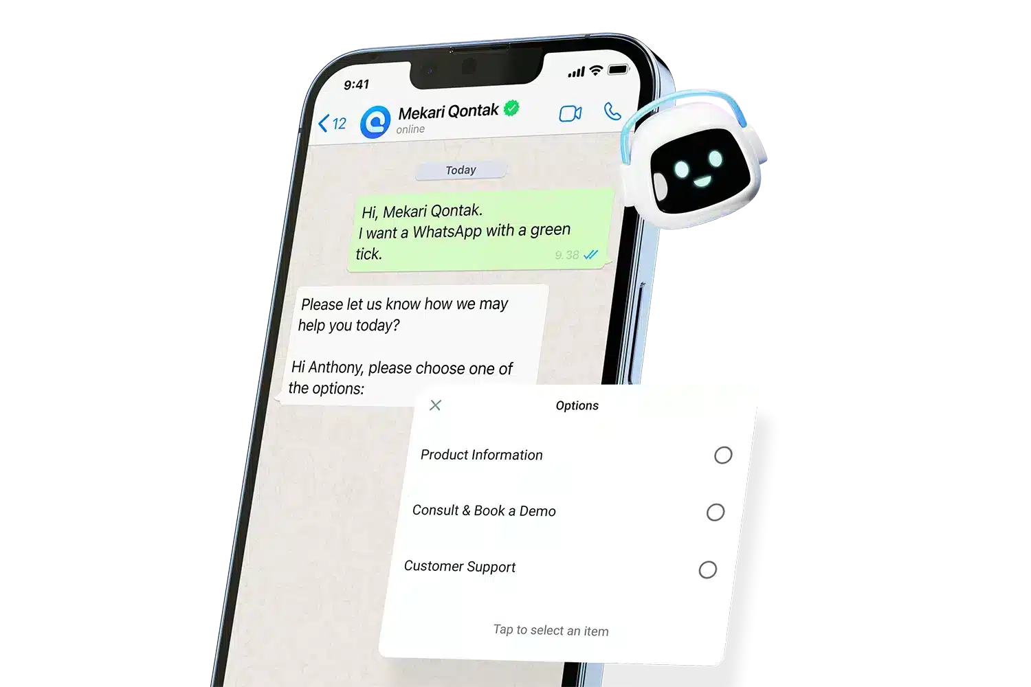 Sebuah ponsel menampilkan aplikasi WhatsApp yang menunjukkan percakapan. Pengguna meminta informasi serta memilih opsi bantuan yang tersedia.