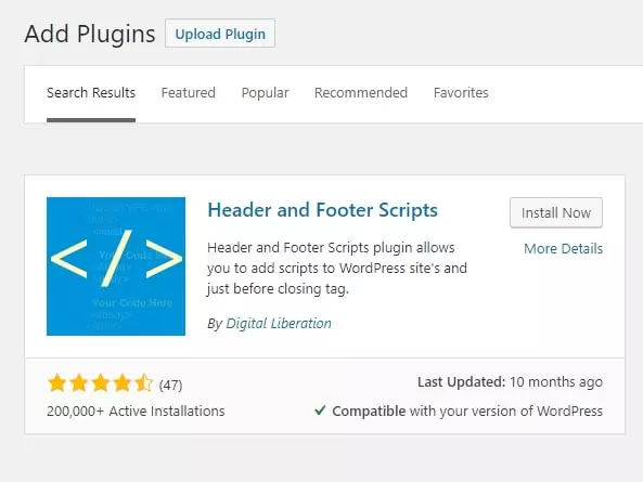 Step 3. Cari plugin berjudul “Header and Footer Scripts” plugin berjudul Header and Footer Scripts