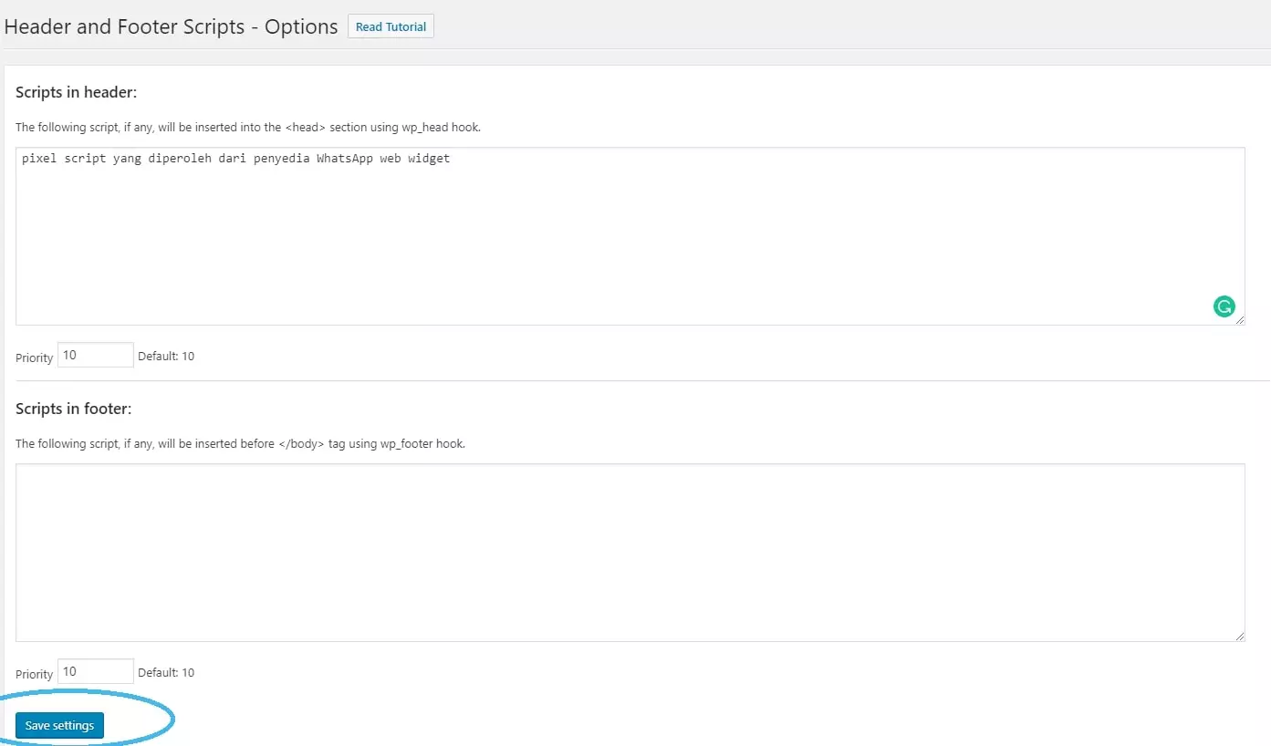 Step 7. Terakhir tekan “Save”. WhatsApp WordPress Anda siap digunakan! save pixel script whatsapp widget