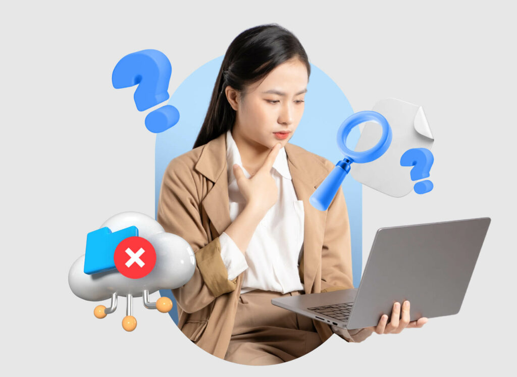 Seorang wanita mengenakan jas berwarna cokelat memegang laptop sambil tampak berpikir, dikelilingi ikon pertanyaan dan dokumen, menggambarkan kebingungan dalam bekerja.