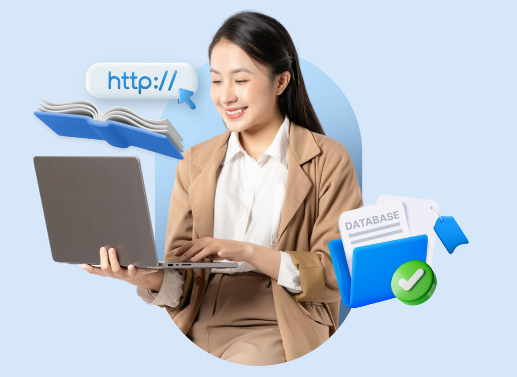 Seorang wanita bekerja dengan laptop, mengakses database online, dikelilingi ikon buku dan tautan, dalam latar belakang berwarna biru cerah.