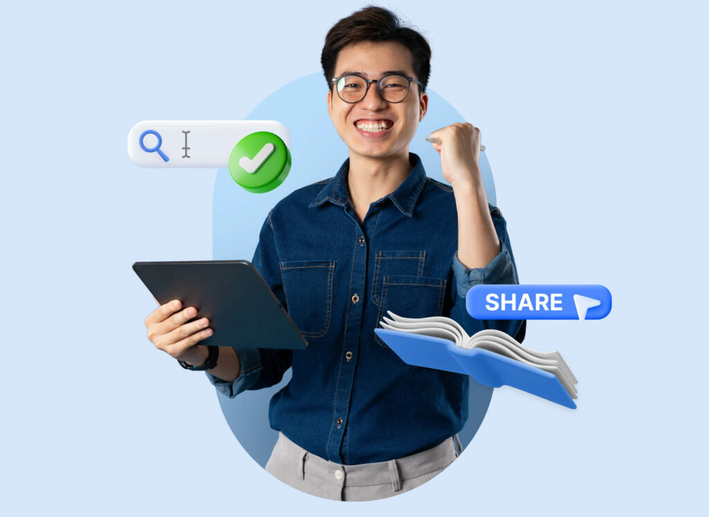 Seseorang memegang tablet dengan ekspresi semangat, terlibat dalam aktivitas berbagi informasi, dikelilingi oleh simbol-simbol digital terkait.