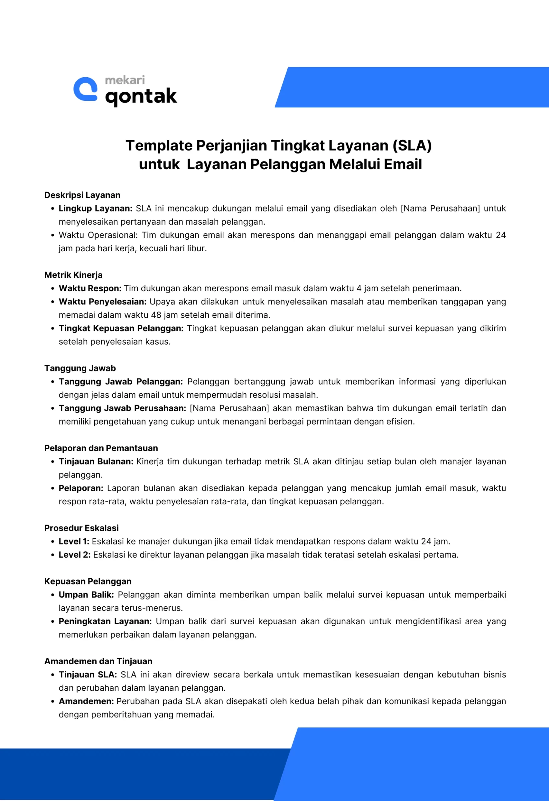 Template Perjanjian Tingkat Layanan (Customer SLA) untuk Layanan Pelanggan Melalui Email Template Perjanjian Tingkat Layanan (Customer SLA) untuk Layanan Pelanggan Melalui Email