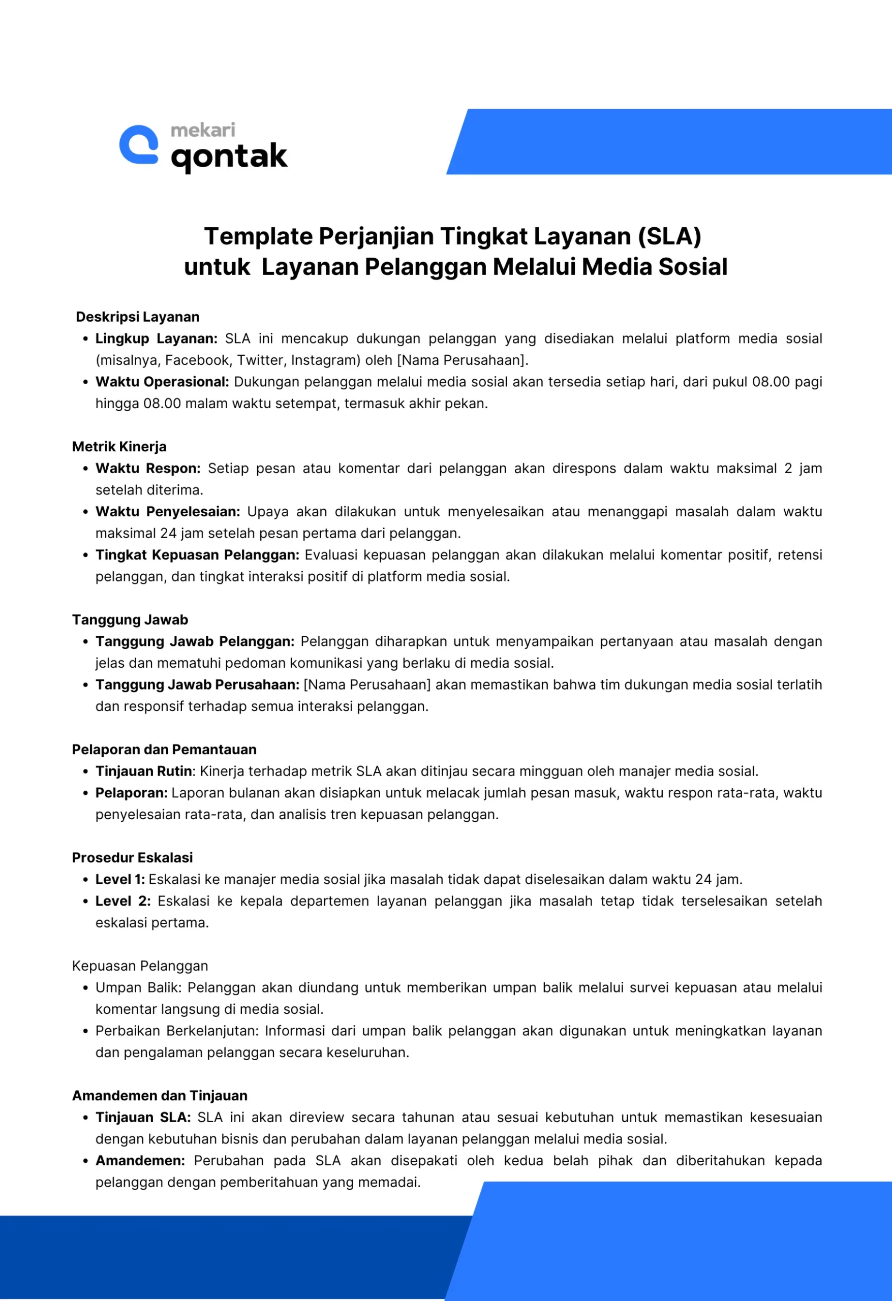 Template Perjanjian Tingkat Layanan (Customer SLA) untuk Layanan Pelanggan Melalui Media Sosial Template Perjanjian Tingkat Layanan (Customer SLA) untuk Layanan Pelanggan Melalui Media Sosial