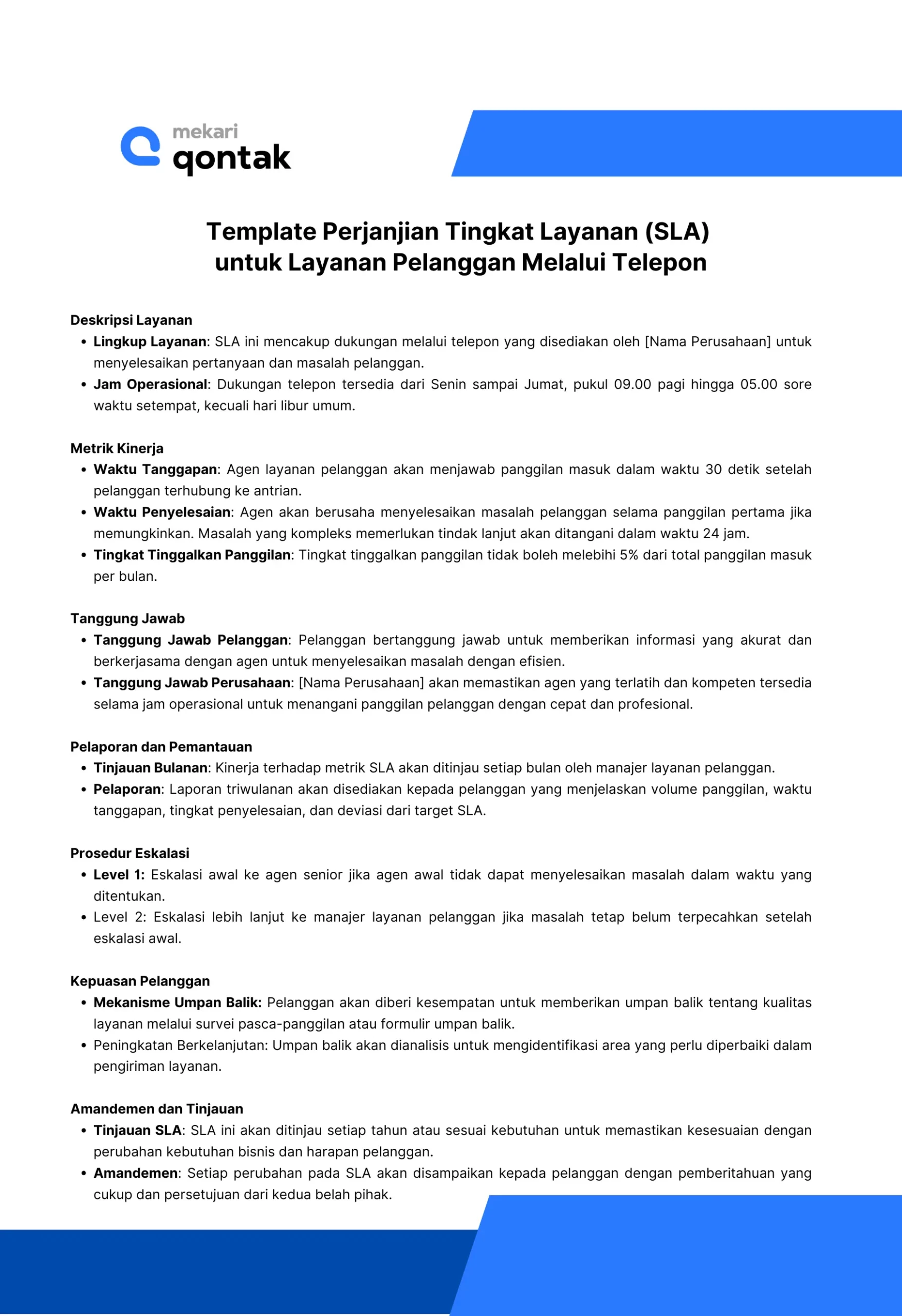 Template Perjanjian Tingkat Layanan (SLA) untuk Layanan Pelanggan Melalui Telepon Template Perjanjian Tingkat Layanan (SLA) untuk Layanan Pelanggan Melalui Telepon
