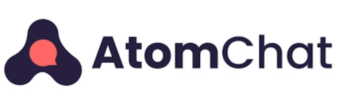 Logo AtomChat menonjol dengan desain modern, bentuk bulat merah di tengah dan teks berwarna gelap, mencerminkan platform komunikasi digital yang inovatif.
