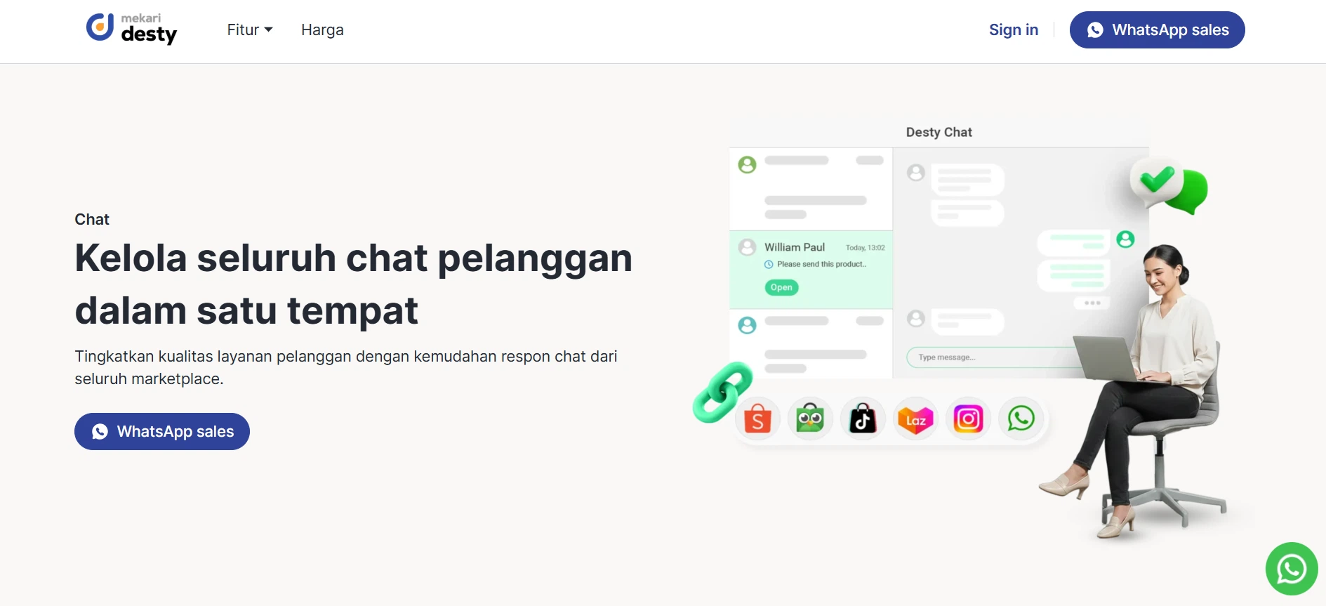 halaman fitur chat aplikasi chat marketplace mekari desty