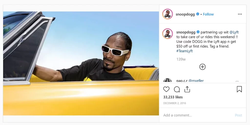 Contoh digital marketing_Influencer Snopp dog_ Lyft