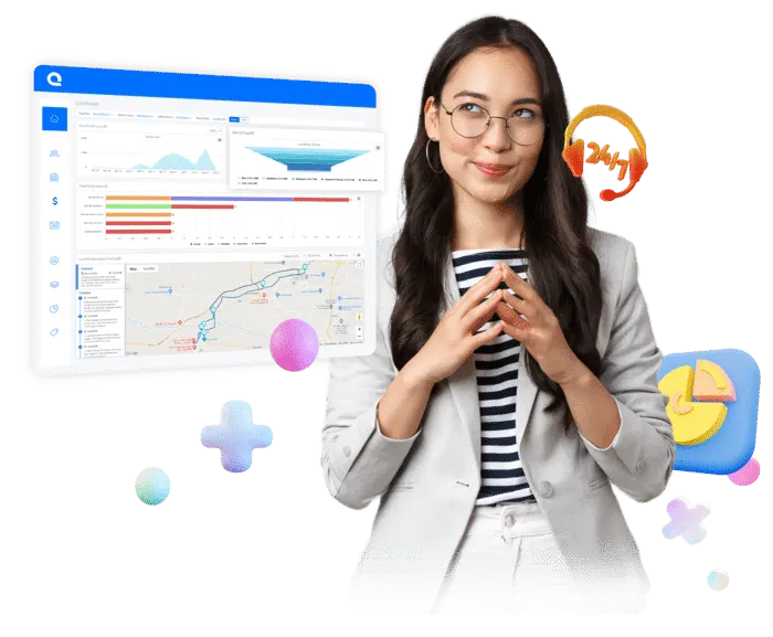 Sebuah antarmuka aplikasi komputer menampilkan grafik analitik dan peta, sementara seorang wanita dengan jas berdiri, menunjukkan interaksi dengan data tersebut.