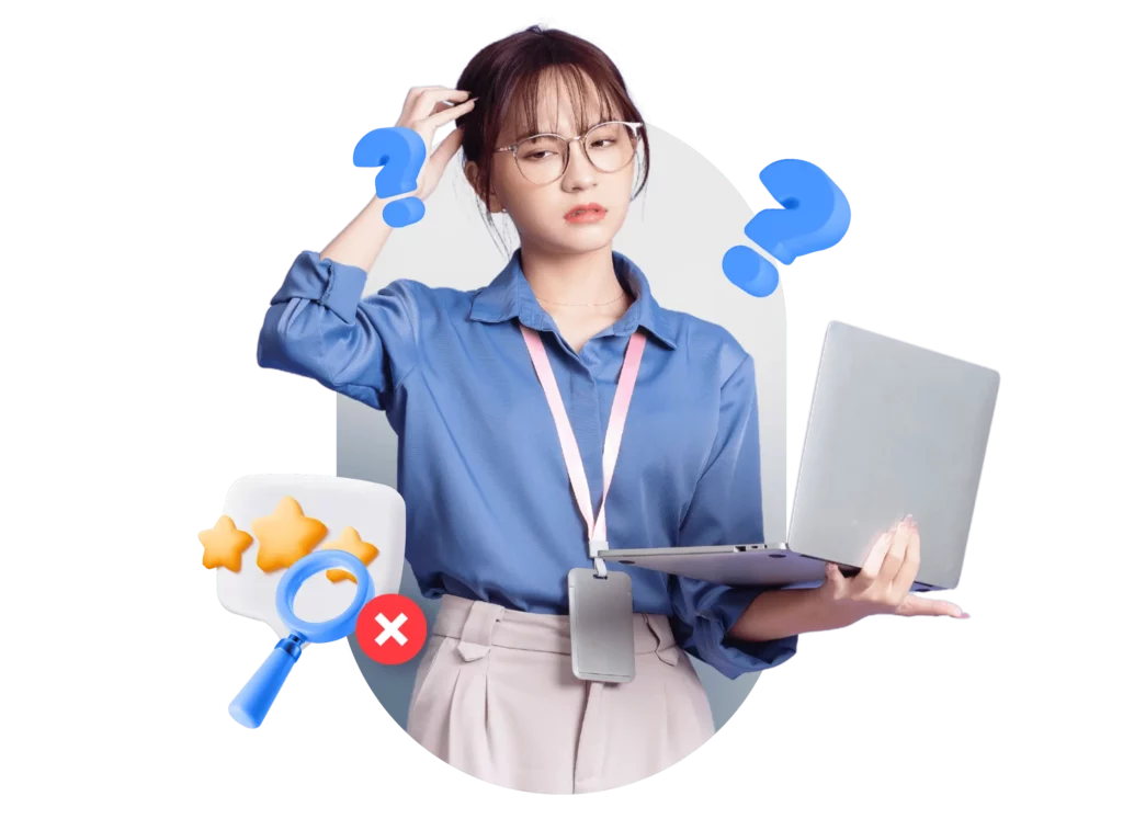 Seorang wanita yang terlihat bingung sambil memegang laptop di satu tangan dan melakukan gerakan tangan lainnya. Elemen grafis seperti tanda tanya dan ikon bintang menambah kesan kebingungan dalam suasana santai.