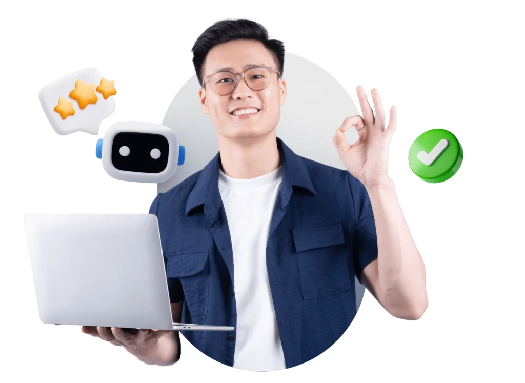 seorang pria memegang laptop sambil menunjukkan tanda "oke" dengan satu tangan, dikelilingi oleh ikon bintang, robot, dan tanda centang, memberikan kesan kepercayaan teknologi.