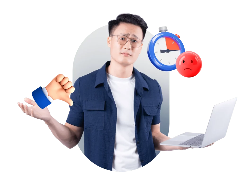 Seorang pria menunjukkan gestur tidak puas dengan satu tangan dan laptop di tangan lainnya, dikelilingi simbol jam dan emotikon sedih, menggambarkan frustrasi.