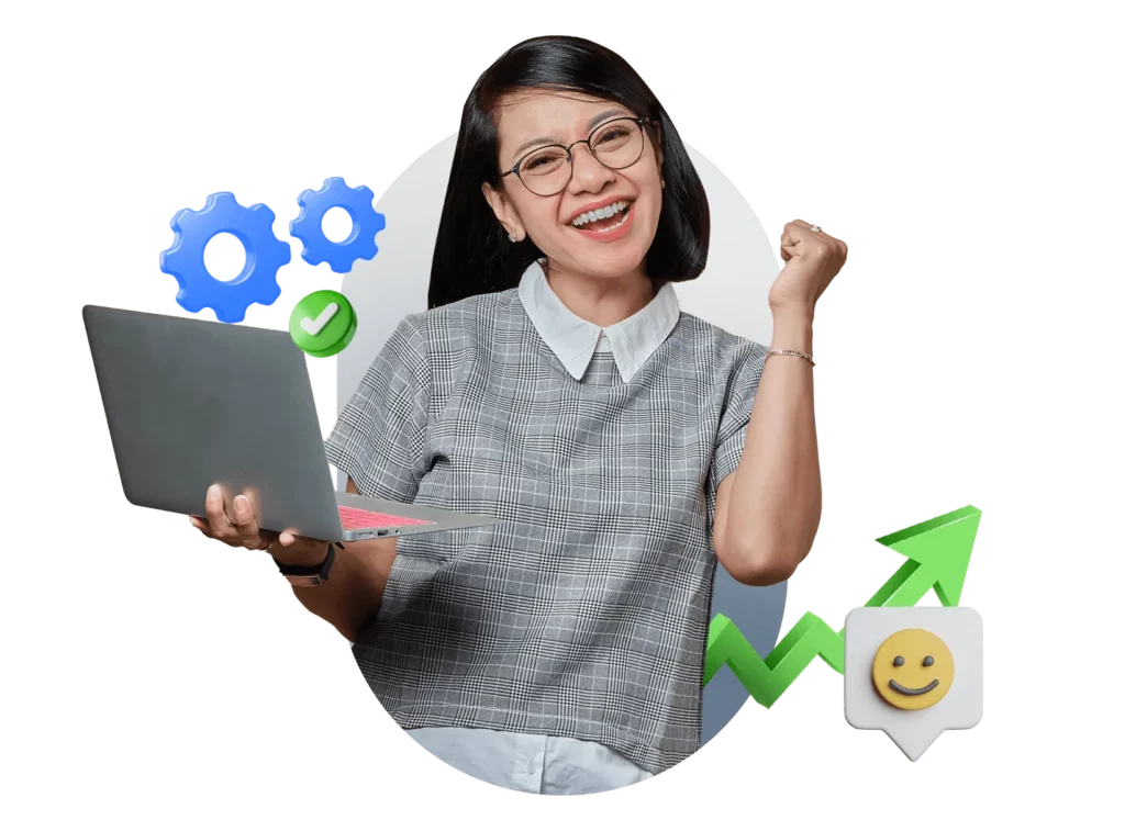 Seorang profesional menunjukkan laptop sambil mengangkat tangan dengan ekspresi gembira, dikelilingi ikon gear, cek lis, dan grafik naik, yang menandakan keberhasilan dalam pekerjaan.