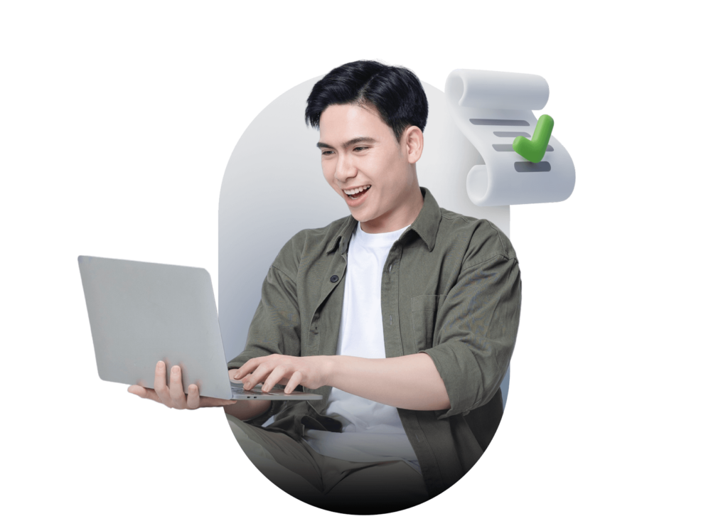 Seseorang menggunakan laptop sambil duduk, tampak fokus pada tugasnya, dengan latar belakang yang sederhana dan ikonik kertas bergulir yang menunjukkan persetujuan.