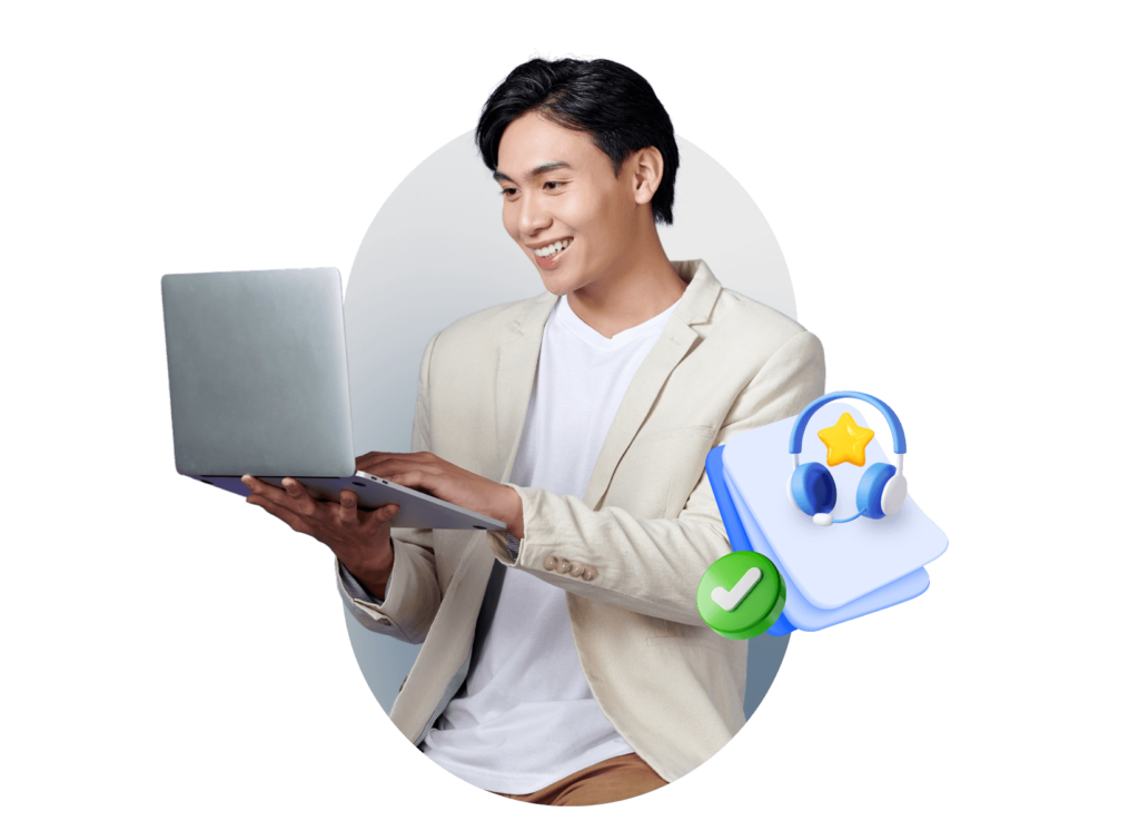 Seseorang sedang menggunakan laptop dengan tampilan fokus, dikelilingi elemen grafis yang menunjukkan keberhasilan dalam belajar, menciptakan suasana produktif.