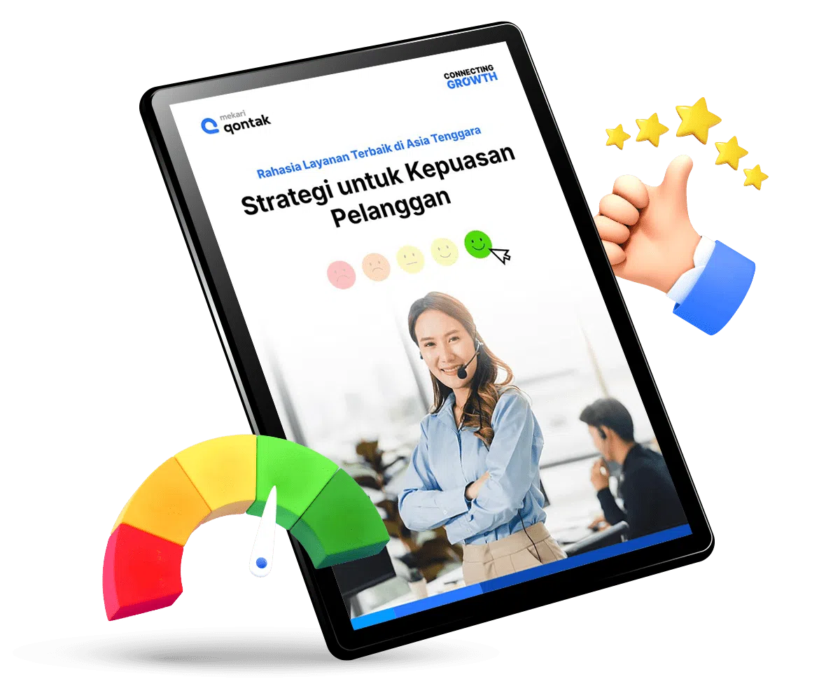 Tablet menampilkan laporan strategi kepuasan pelanggan, dengan grafik emosi dan jempol, di lingkungan kantor modern dengan profesional bekerja.