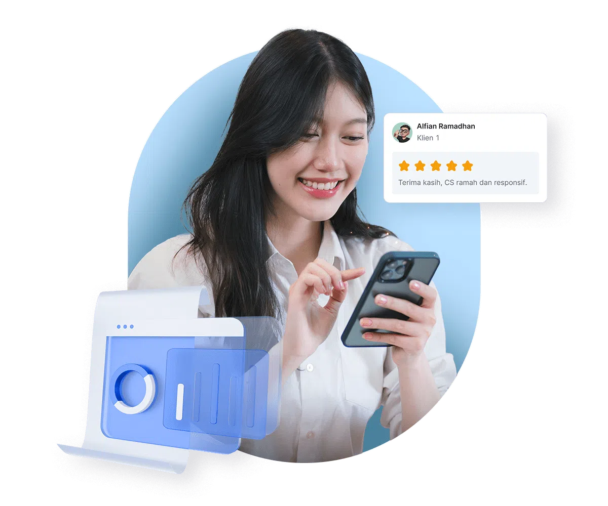 Seorang pengguna smartphone memberikan ulasan positif mengenai layanan pelanggan yang ramah dan responsif. Di sampingnya, terdapat ilustrasi perangkat yang pertunjuk.
